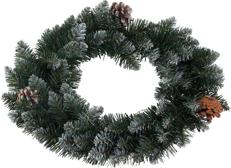 Kunstig grankrans, Ø40 cm, m. kogler og sne design