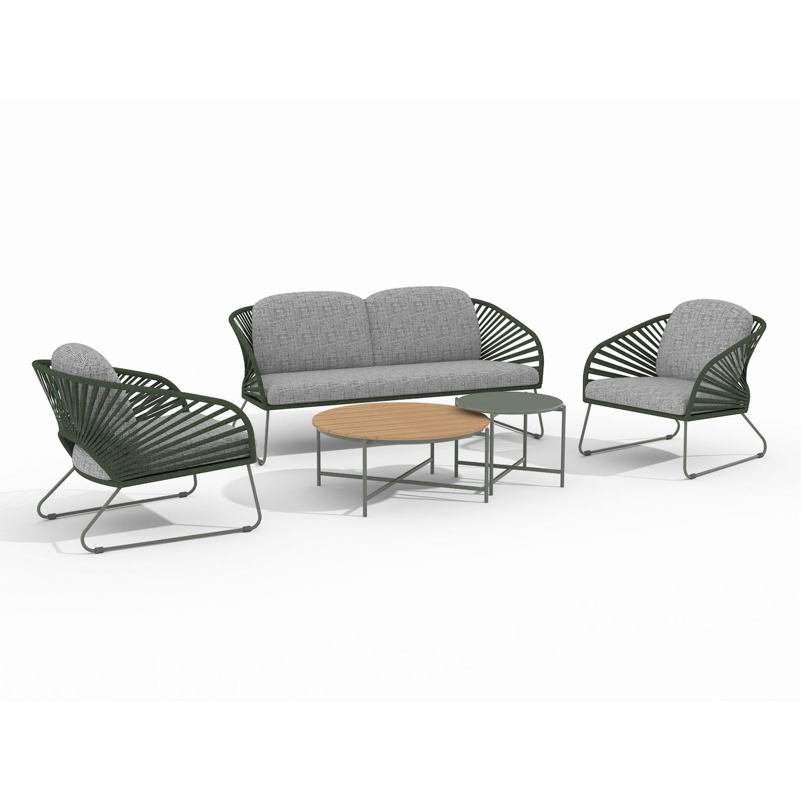 Produktbillede af HOUSE NORDIC Novella loungesæt m. 1 sofa 2 stole 2 borde grå hynder grøn polyester og stål i premium kvalitet