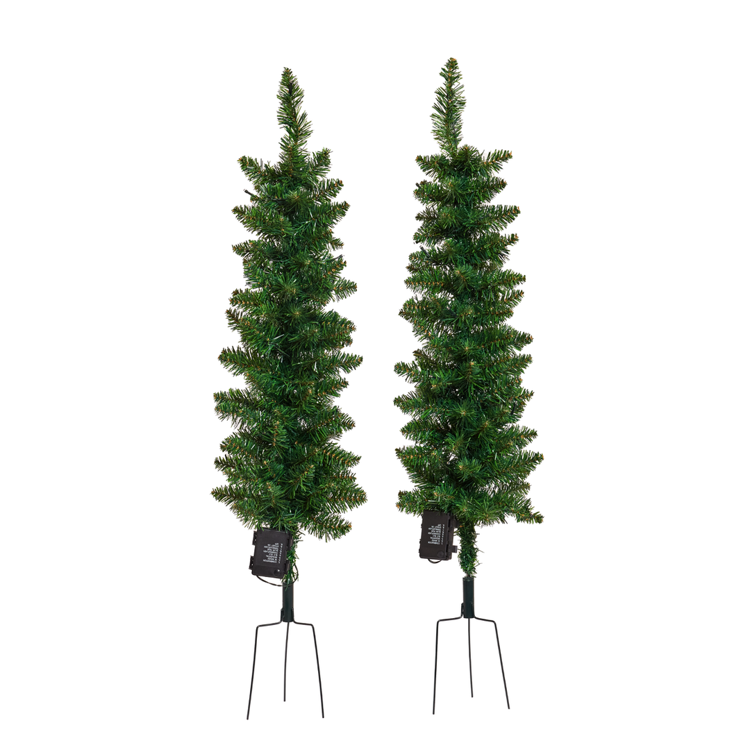 Produktbillede af Sæt med 2 kunstige juletræer inkl. lys og jordspyd 90x25 cm på tilbud i høj kvalitet