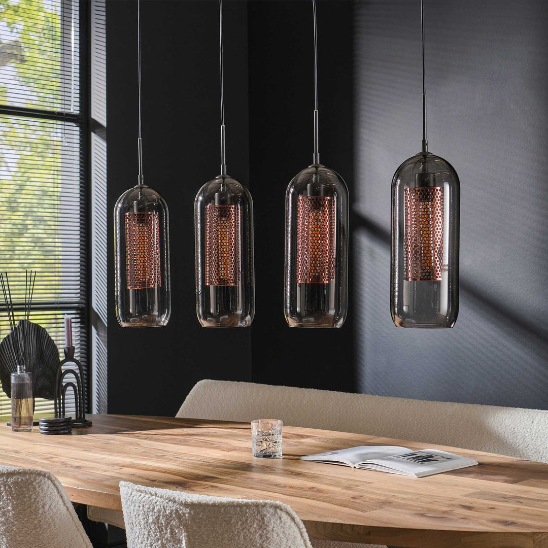 Produktbillede af Big-Smoke Loftlampe i røgfarvet glas og kobber med fire skærme Levering uden pære på tilbud i høj kvalitet
