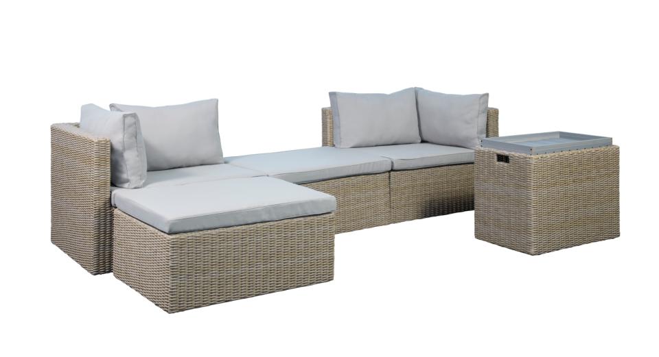 Modul udendørs loungesæt m. 1 sofa 1 bord 2 skamler beige stofhynder brun pe flet sæt med 6