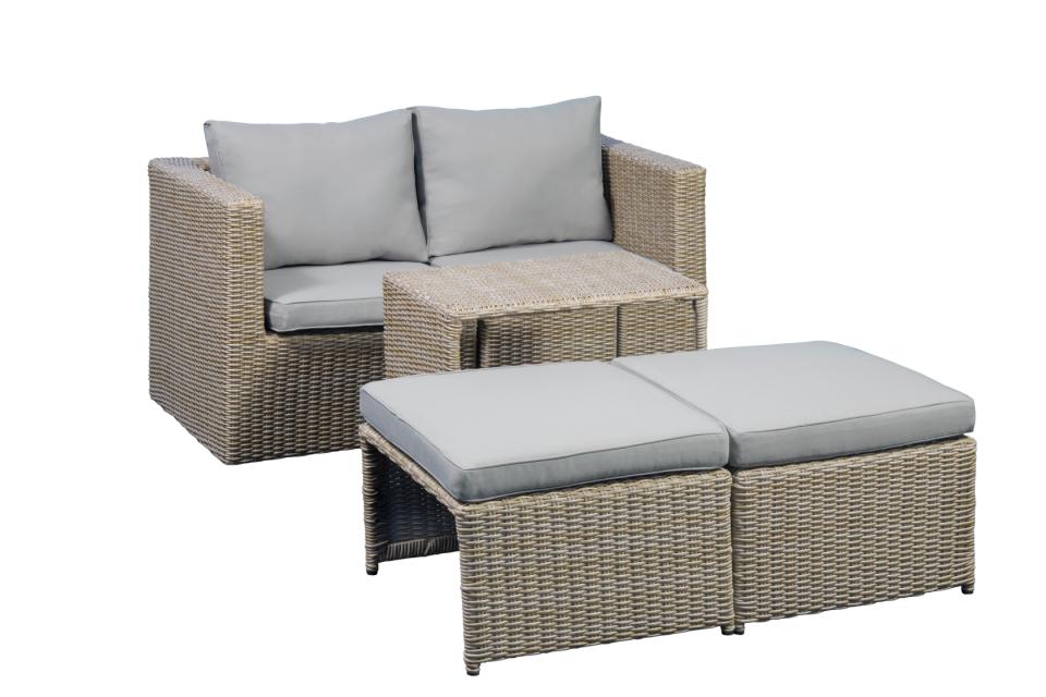 Modul udendørs loungesæt m. 1 sofa 1 bord 2 skamler beige stofhynder brun pe flet sæt med 5