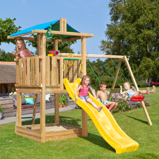 Produktbillede af Jungle Gym Hut legetårn inkl. swing modul og rutschebane på tilbud i høj kvalitet