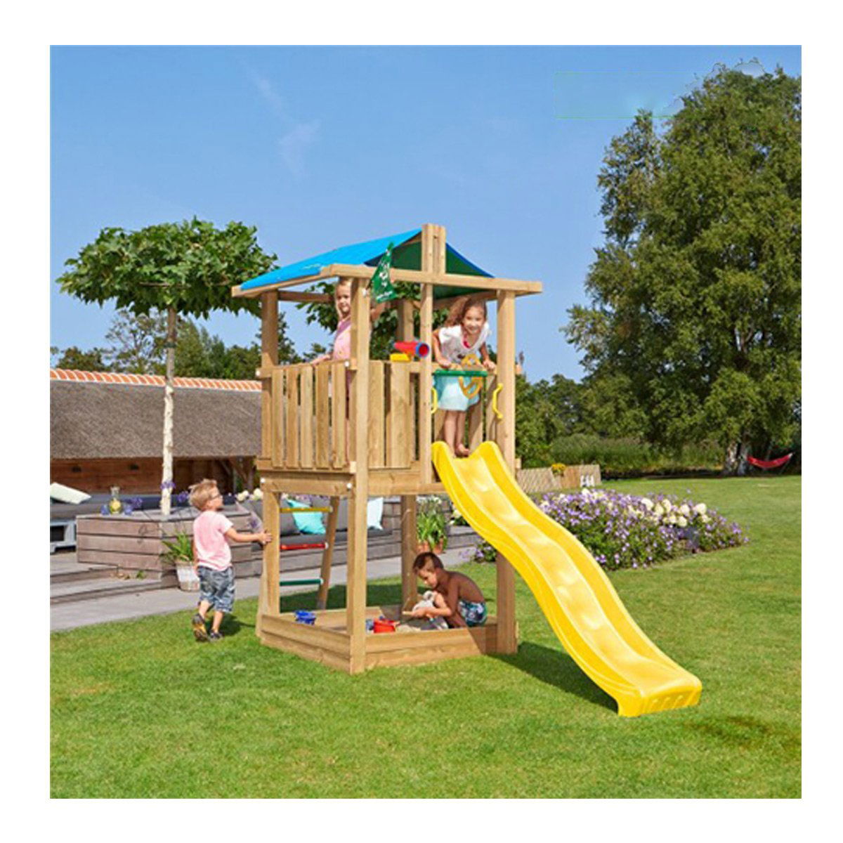 Produktbillede af Jungle Gym Hut legetårn komplet inkl. rutsjebane på tilbud i høj kvalitet