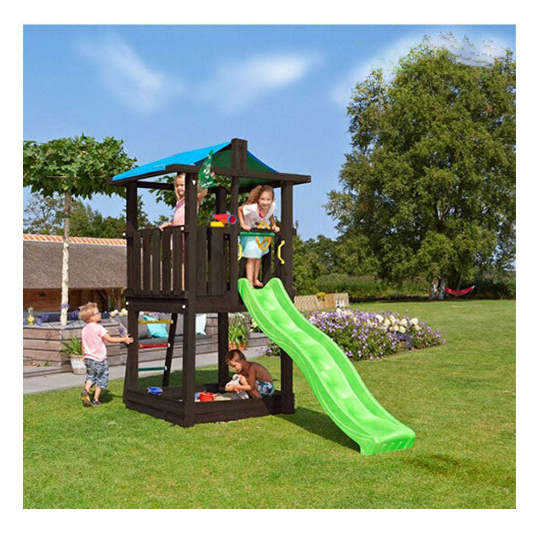 Produktbillede af Jungle Gym Hut legetårn komplet inkl. rutsjebane grundmalet sort på tilbud i høj kvalitet