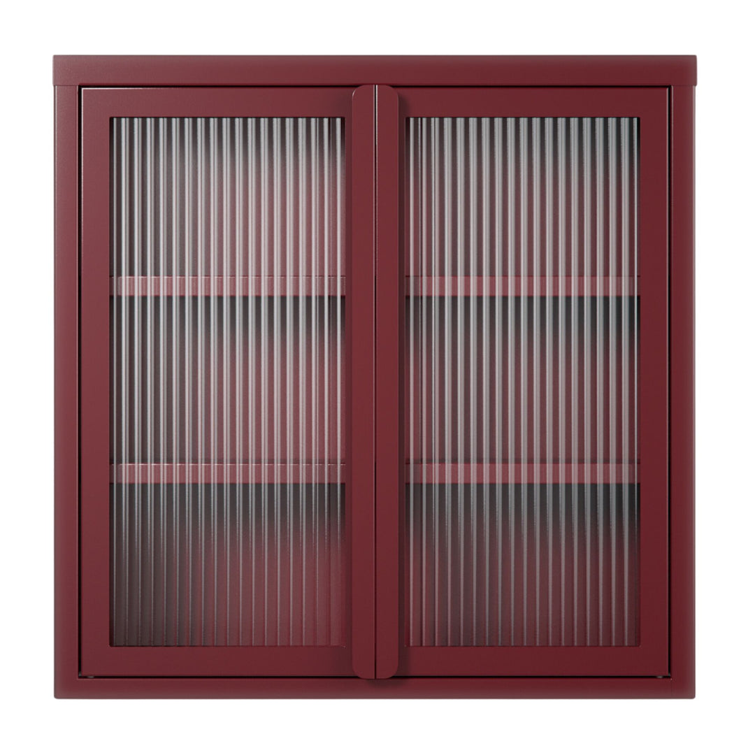 Vægophængt Department Store vitrineskab i bordeaux, 60 x 60 cm, med døre i ribbet glas