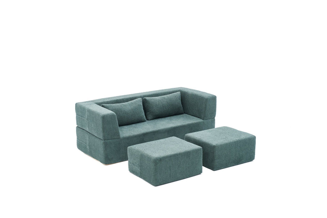 NORDVÄRK Pirgos 2 pers. sovesofa m. 2 puffer grøn chenille stof