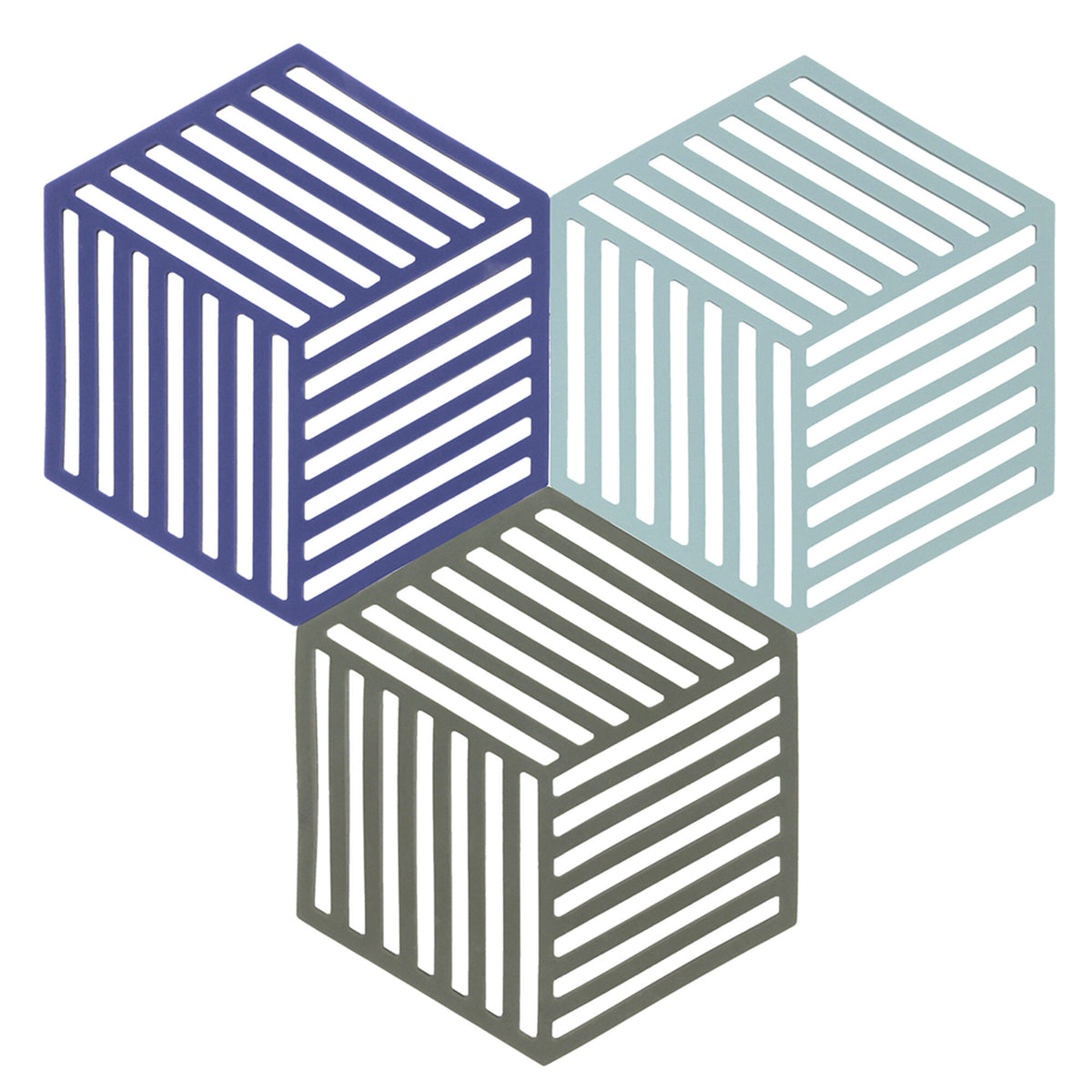 Tre Zone Hexagon grydeunderlag i silikone i indigo, fog og olive taupe