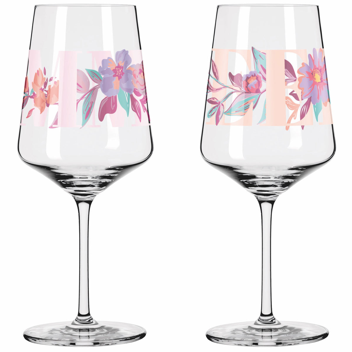 To dekorerede Ritzenhoff Sommersonett 2026 vinglas med blomstermotiver