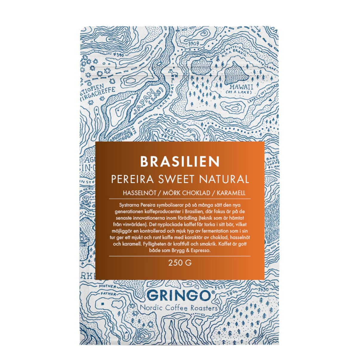 Pakke med 250 g Gringo Brasilien Pereira Sweet Natural kaffebønner