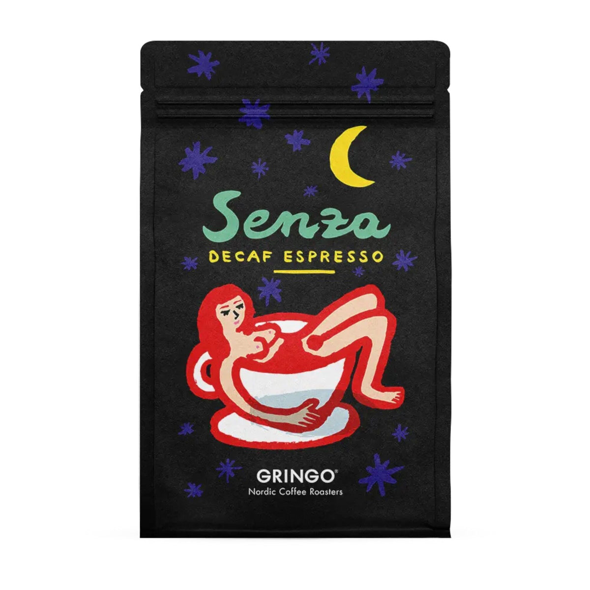Pose med Gringo Senza Decaf Espresso kaffebønner, 500 g