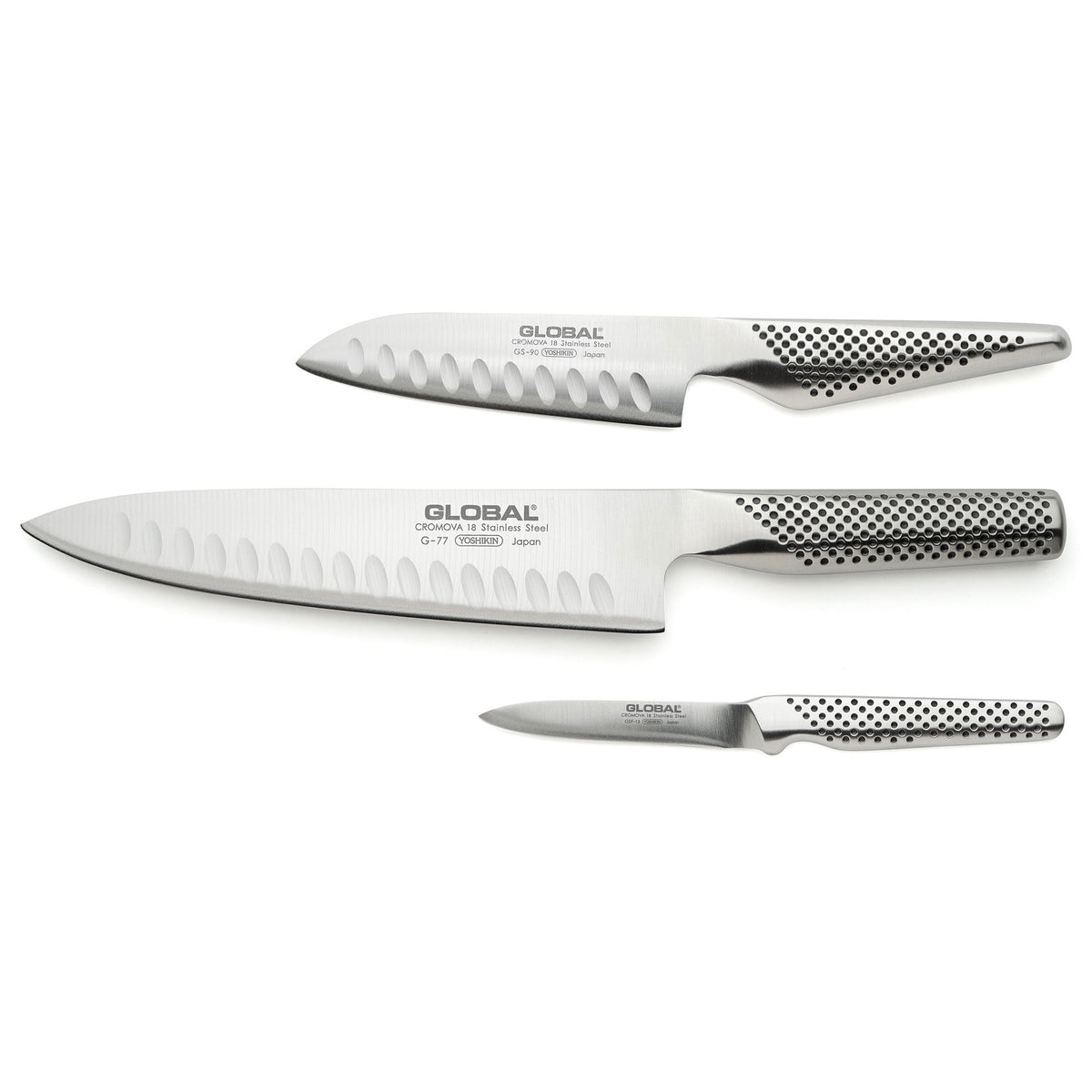 Global knivsæt med tre knive: G-77, GS-90 og GSF-15 til køkkenet