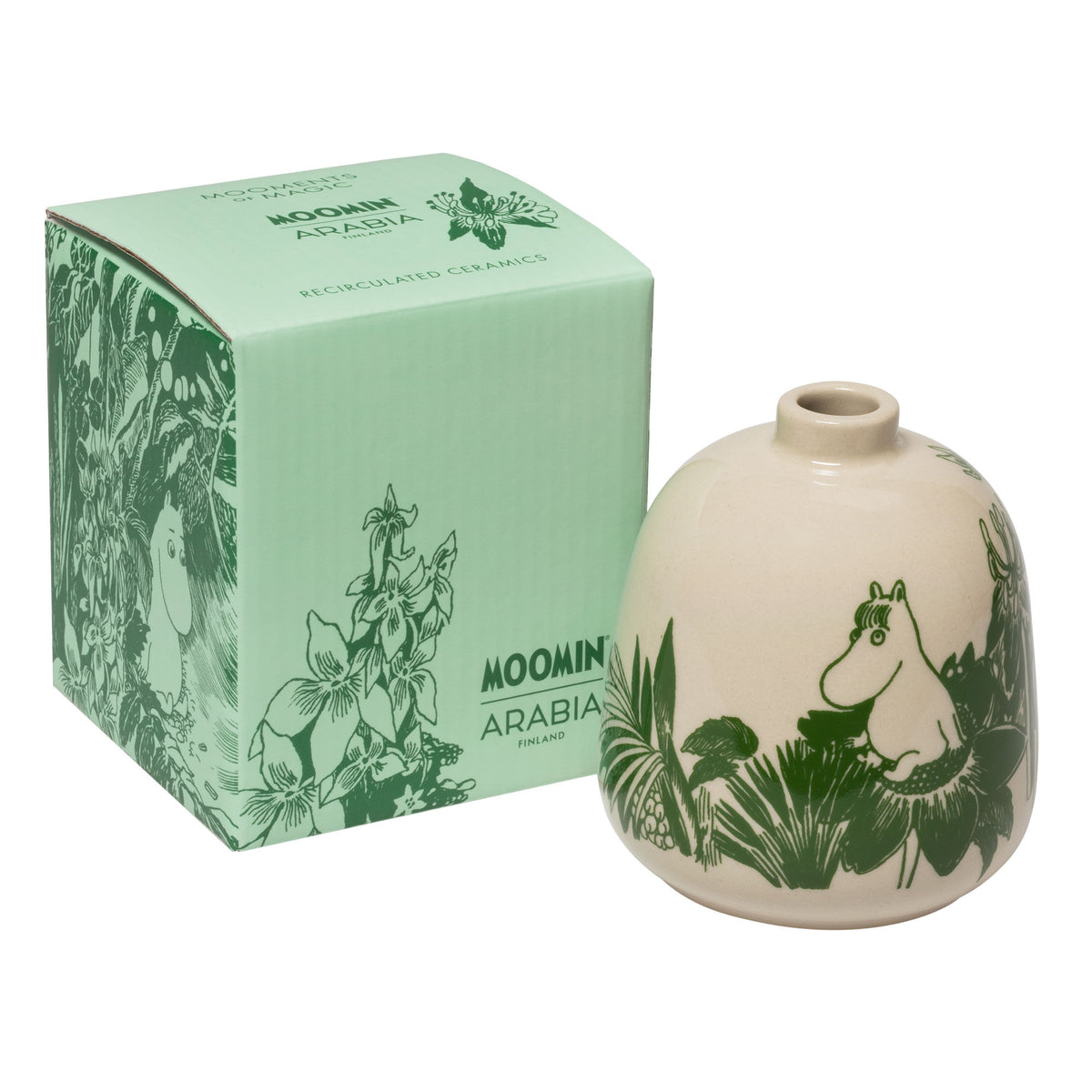 Grøn Moomin Arabia vase med motivet Mystikkens skov, 8,3 cm