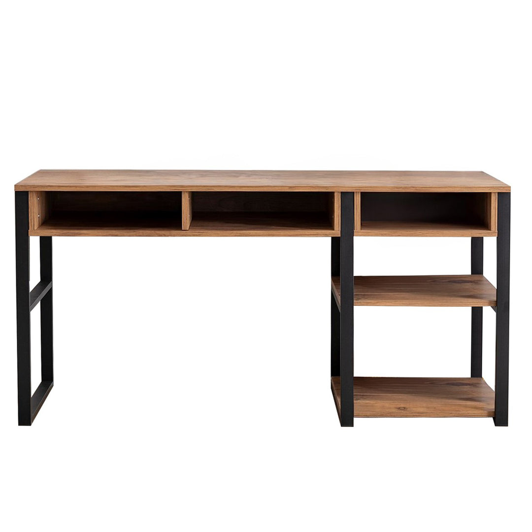 NORDVÄRK Emro Study skrivebord m. 3 rum og 2 hylder valnød melamin og sort metal 150x58,4