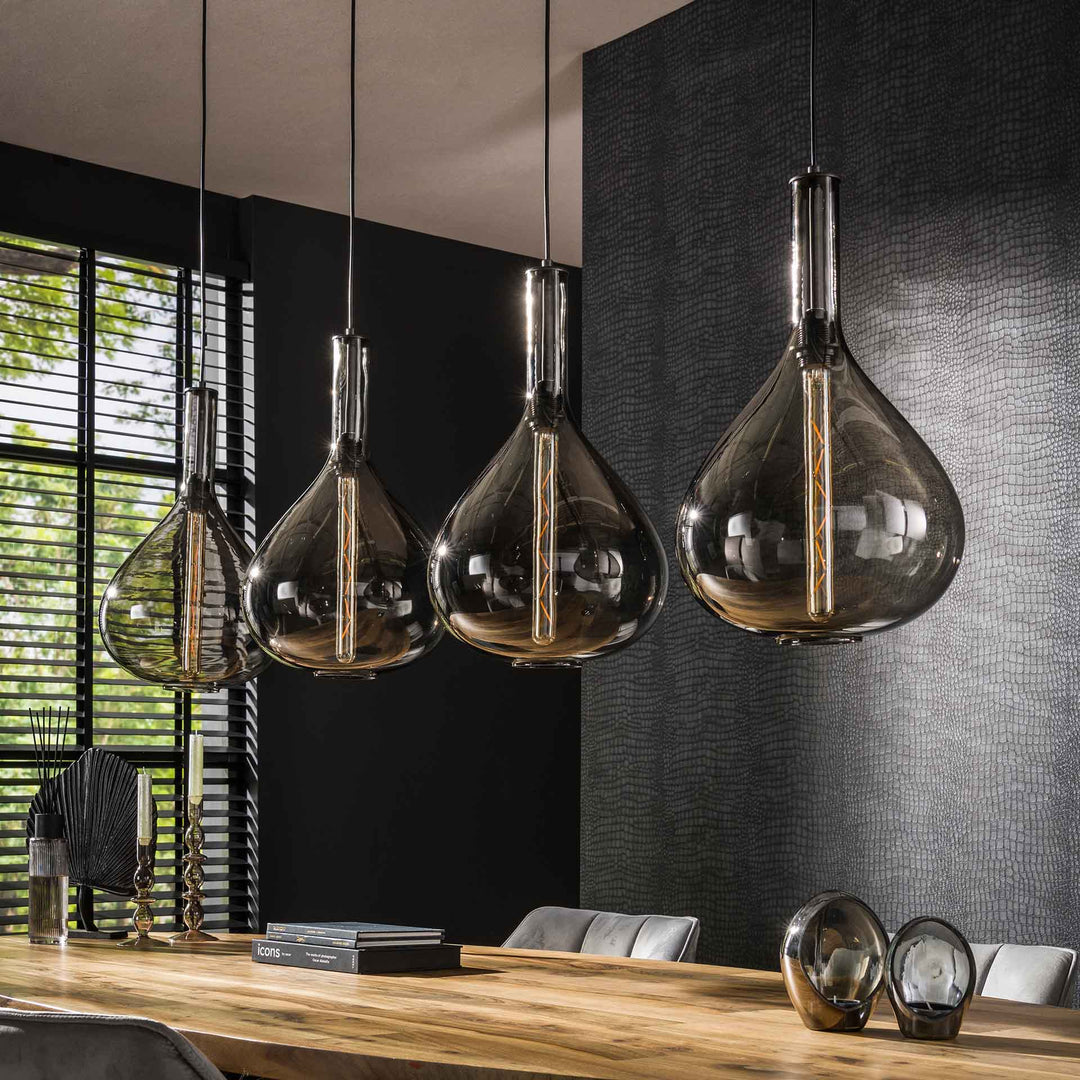 Produktbillede af Droop Loftlampe med fire dråbeformede skærme i røgfarvet glas Levering uden pære på tilbud i høj kvalitet