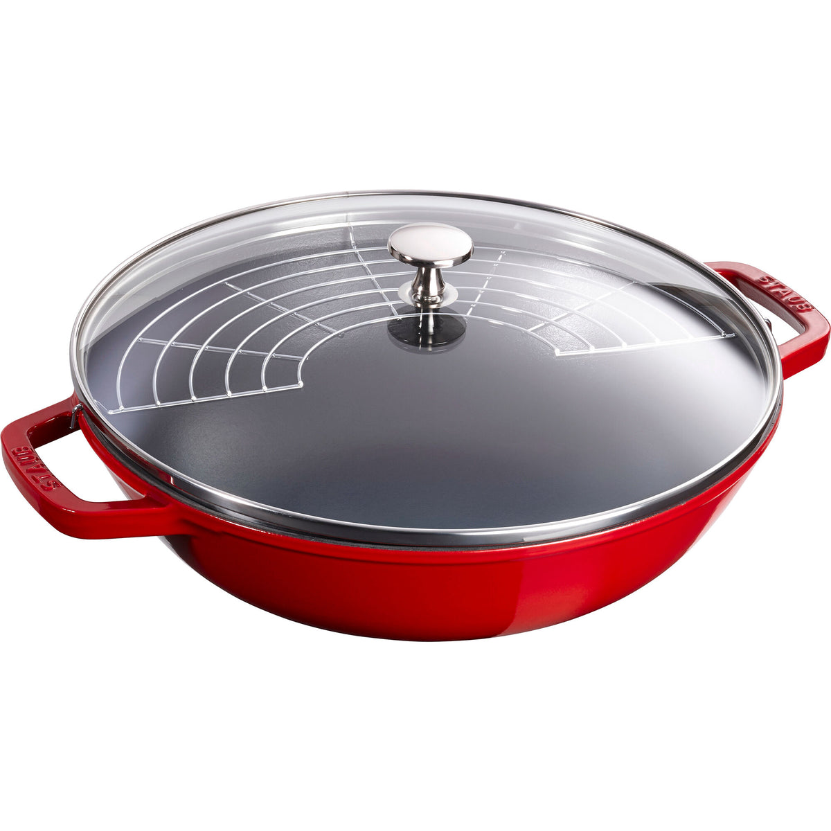 Staub wok i kirsebærrød på 30 cm med glaslåg