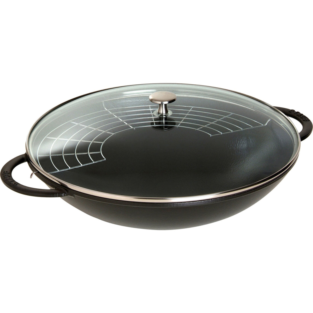 Sort Staub wok med glaslåg, 37 cm i diameter