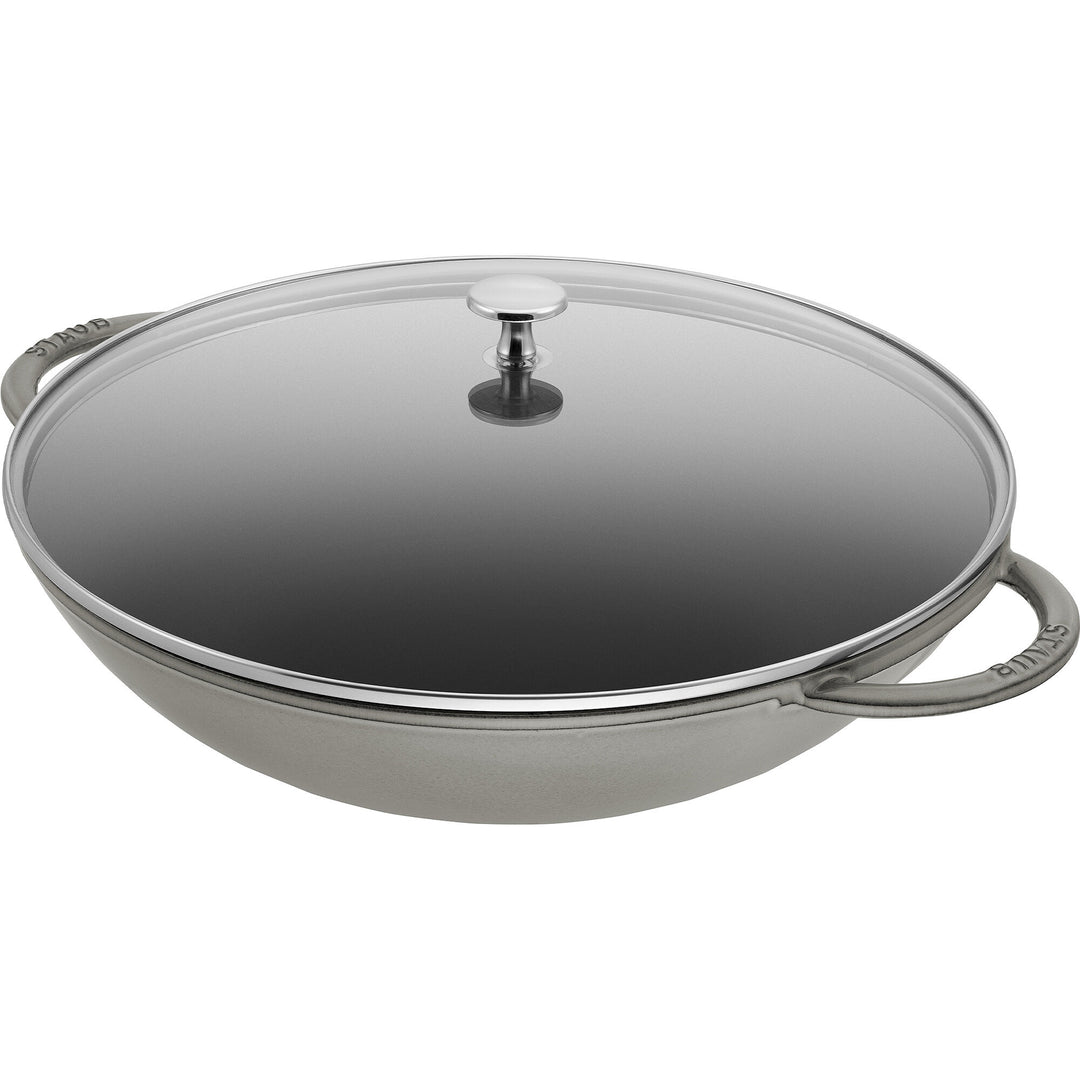 Grå Staub wok på 37 cm med glaslåg