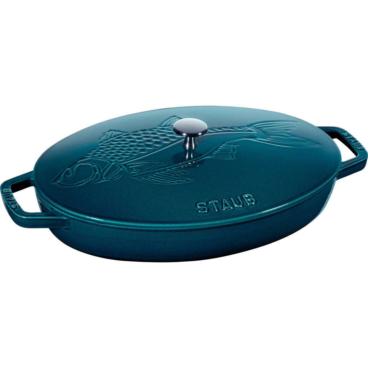 Staub ovnform med låg og fiskemotiv, 33 cm