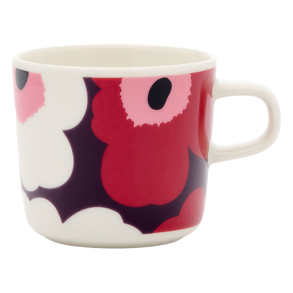 Marimekko Oiva Unikko kaffekop i cranberry og pink med blomstermønster