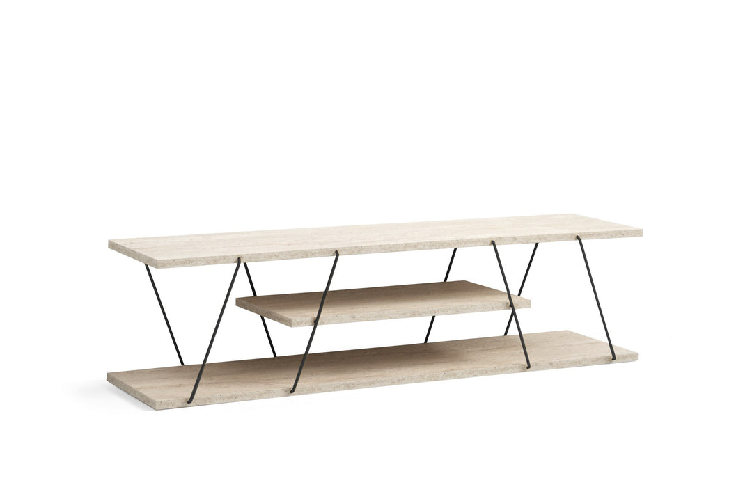 NORDVÄRK Canaz TV-bord m. 2 hylder hvid travertin melamin og sort metal 120x30
