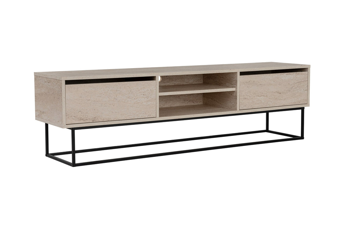 NORDVÄRK Escape 180 TV-bord m. 1 hylde og 2 skuffer travertin melamin og sort jern 180x40
