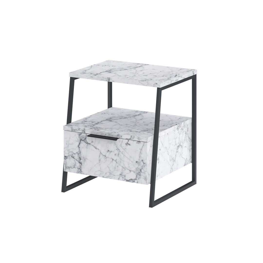 FUNZI LIVING Pal sengebord m. 1 rum og 1 låge Carrara marmor melamin og sort metal 45x40