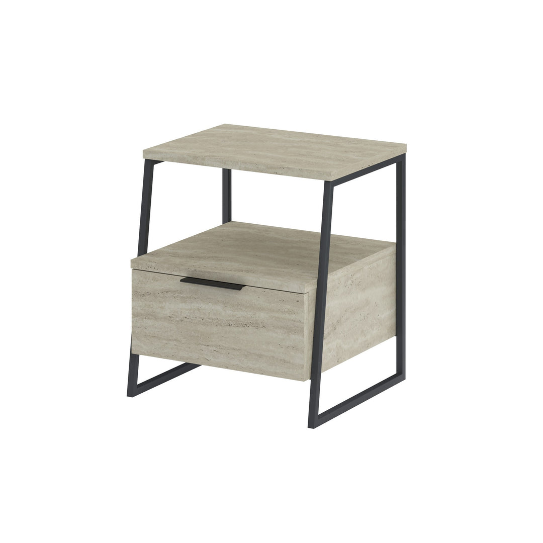 FUNZI LIVING Pal sengebord m. 1 rum og 1 låge travertin melamin og sort metal 45x40