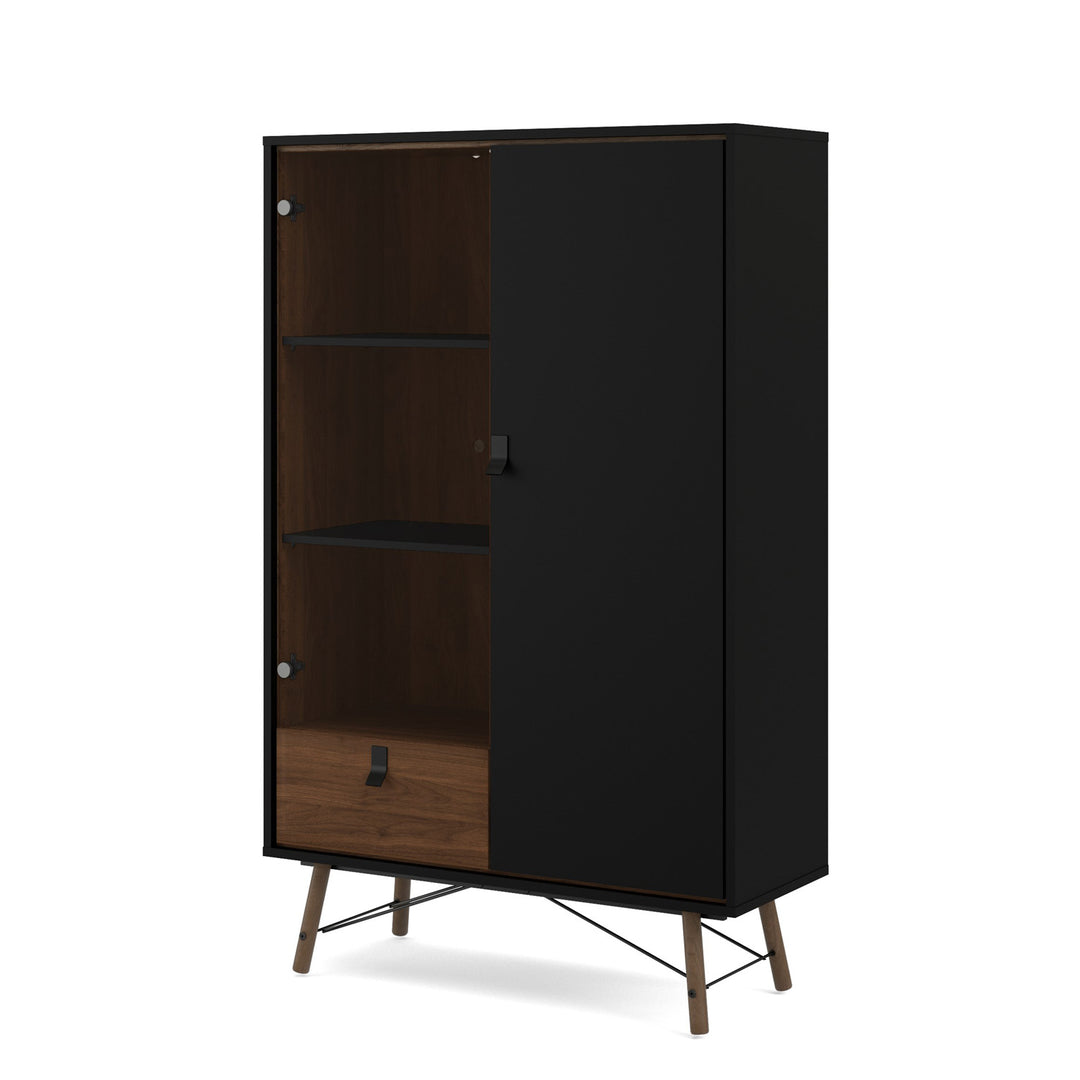 TVILUM Ry vitrineskab m. 2 låger og 1 skuffe glas valnød/matsort folie og træ