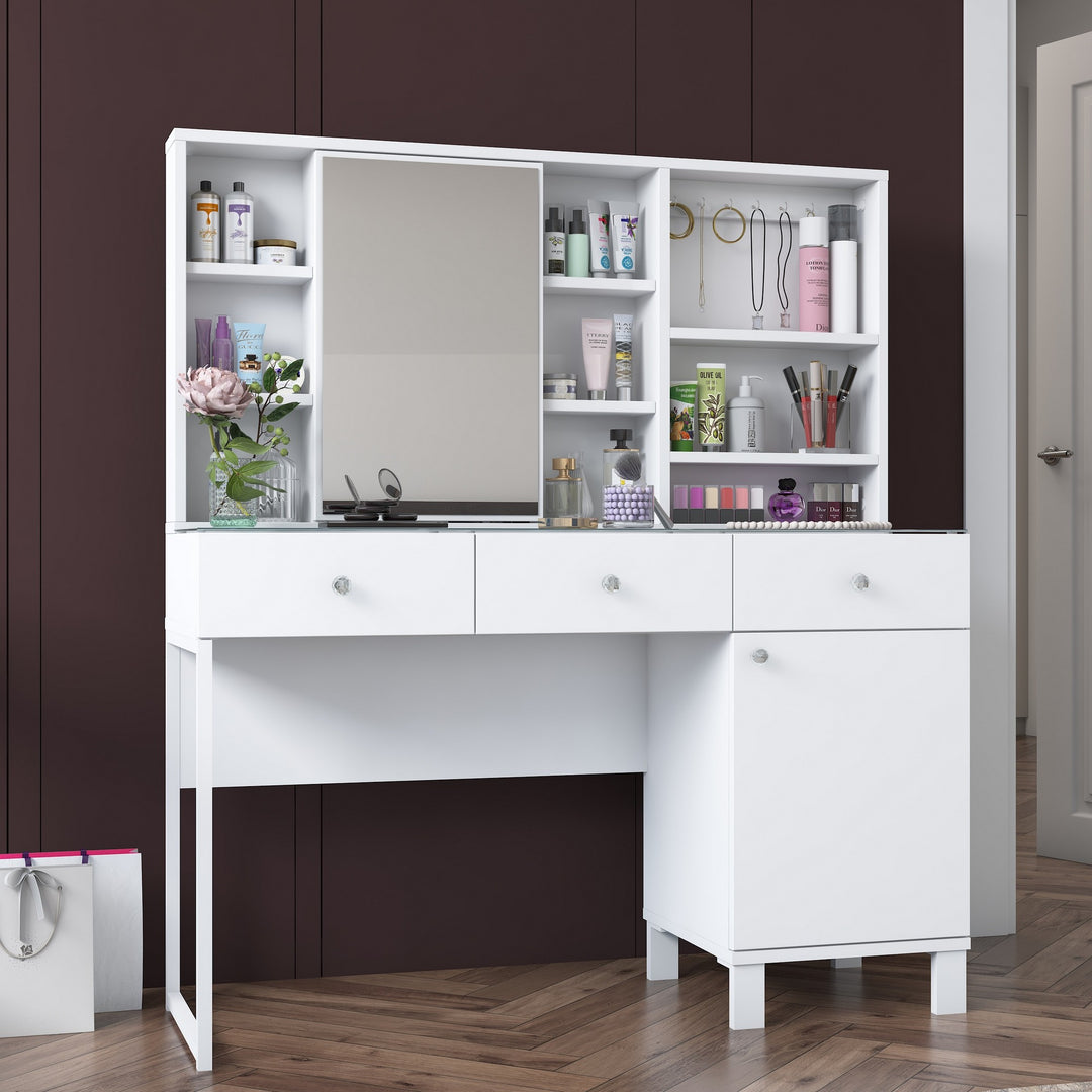 NORDVÄRK BJ138 3442 makeup bord m. spejl 8 hylder 2 låger og 3 skuffer hvid melamin 120x40
