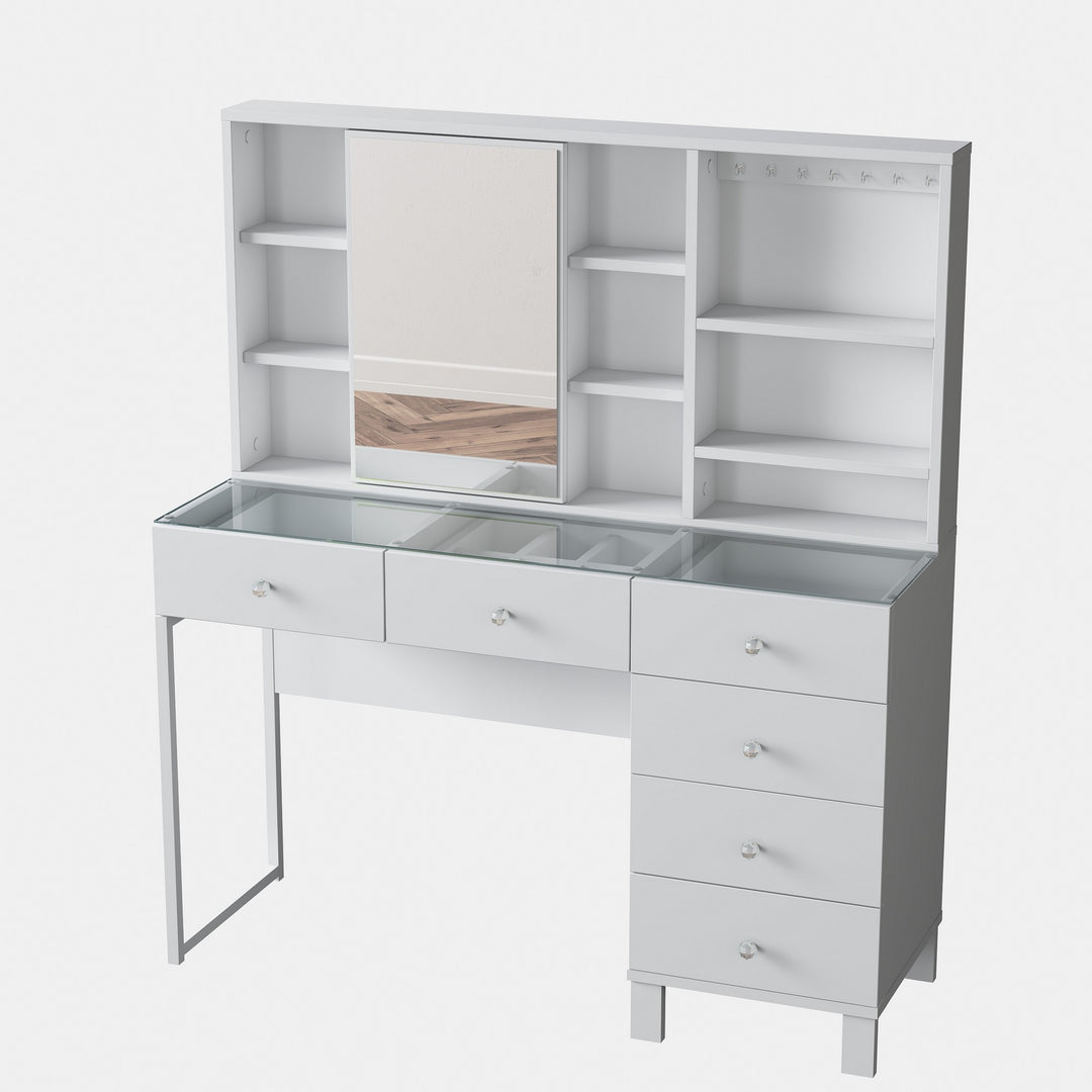 NORDVÄRK BJ140 3831 makeup bord m. spejl 9 hylder 1 låge og 6 skuffer hvid melamin 120x40