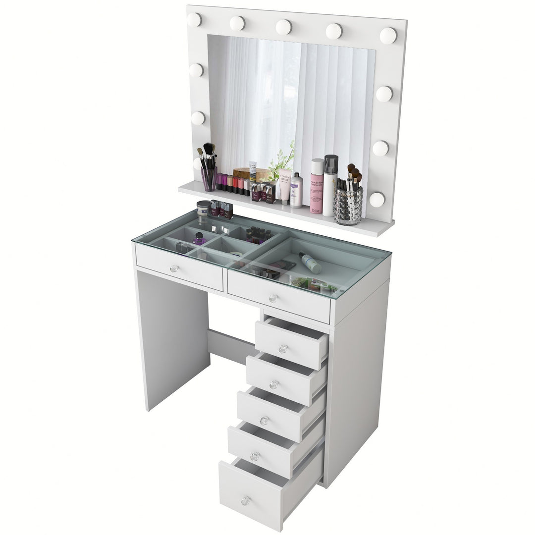 NORDVÄRK BJ117 makeup bord m. spejl lys 7 skuffer hvid melamin 90x44,5