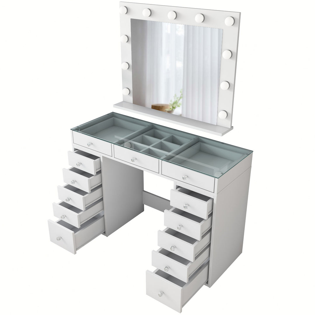 NORDVÄRK BJ118 makeup bord m. spejl lys 13 skuffer hvid melamin 120x44,5