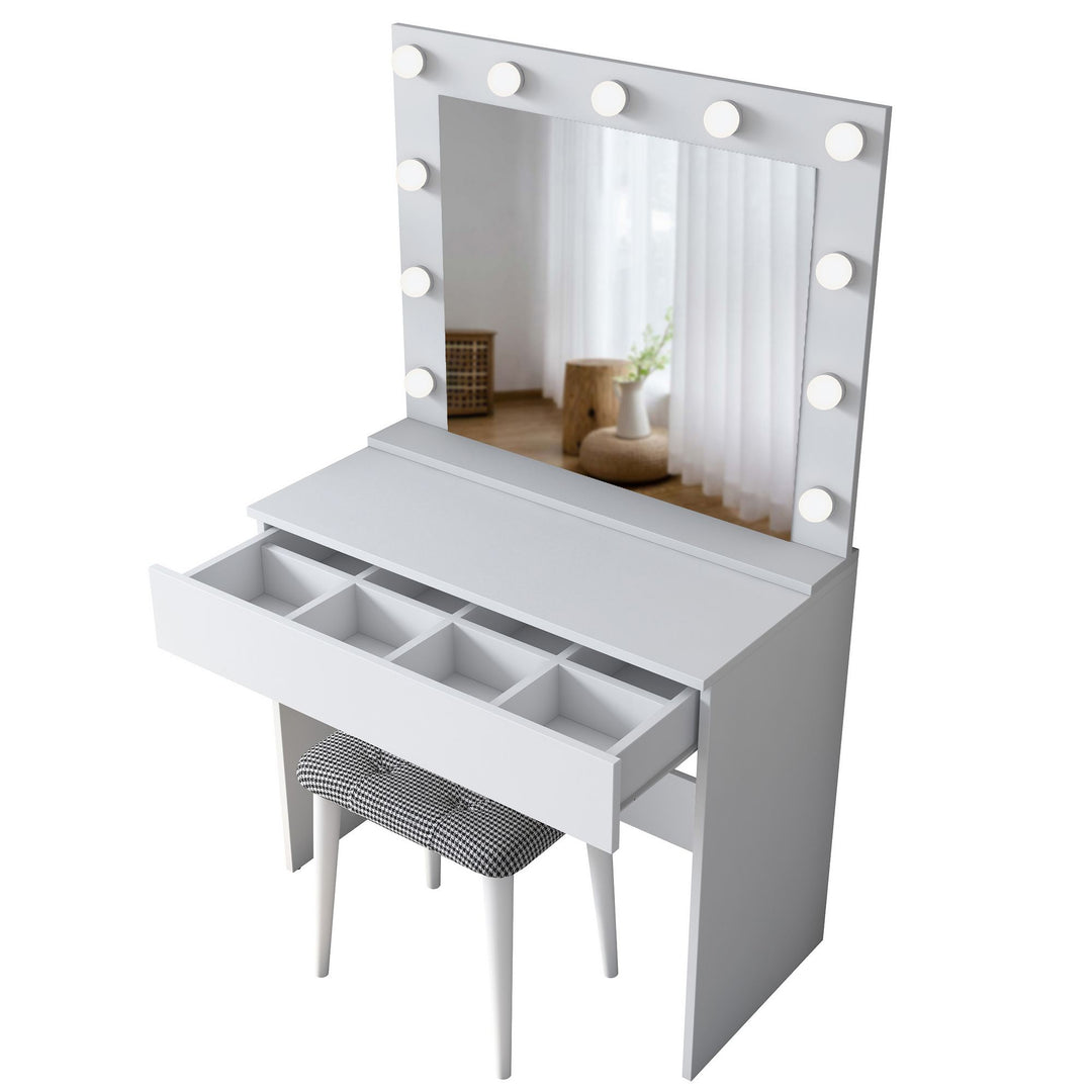 NORDVÄRK BJ121 2934 makeup bord m. spejl 11 lyspærer 1 skuffe og skammel hvid melamin 90x45