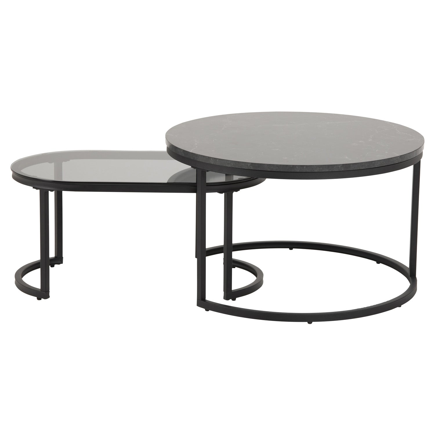 Produktbillede af ACT NORDIC Spiro sofabordssæt sort melamin m. marmor print/røgfarvet glas og sort metal sæt af 2 i premium kvalitet