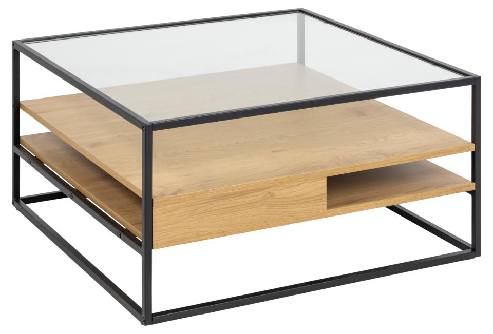 ACT NORDIC Randolf sofabord m. 2 hylder klar glas natur vild eg melamin mat sort stål 80x80
