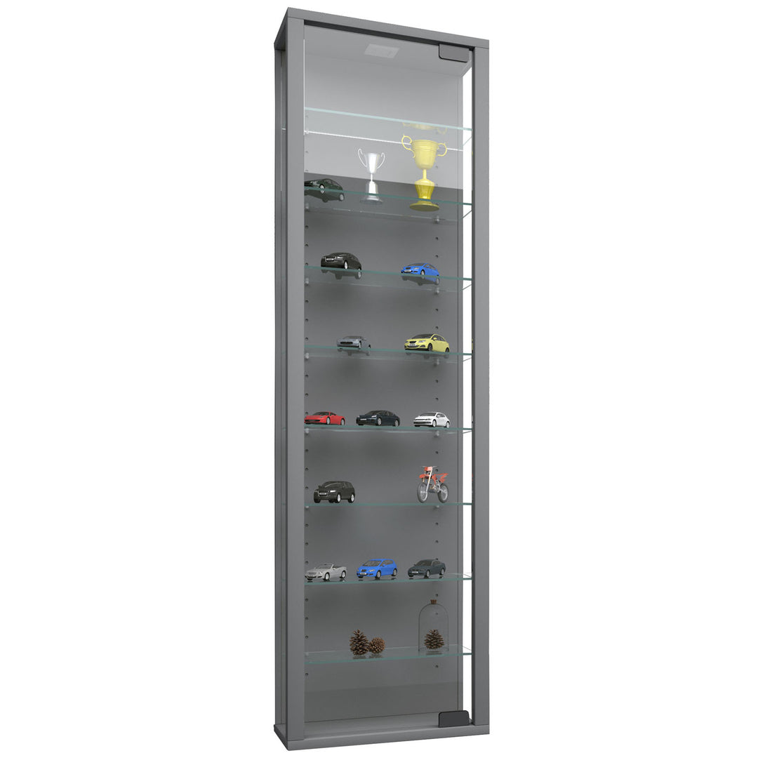 Stano Maxi skab med LED m. 1 låge og 8 hylder glas og grå træ