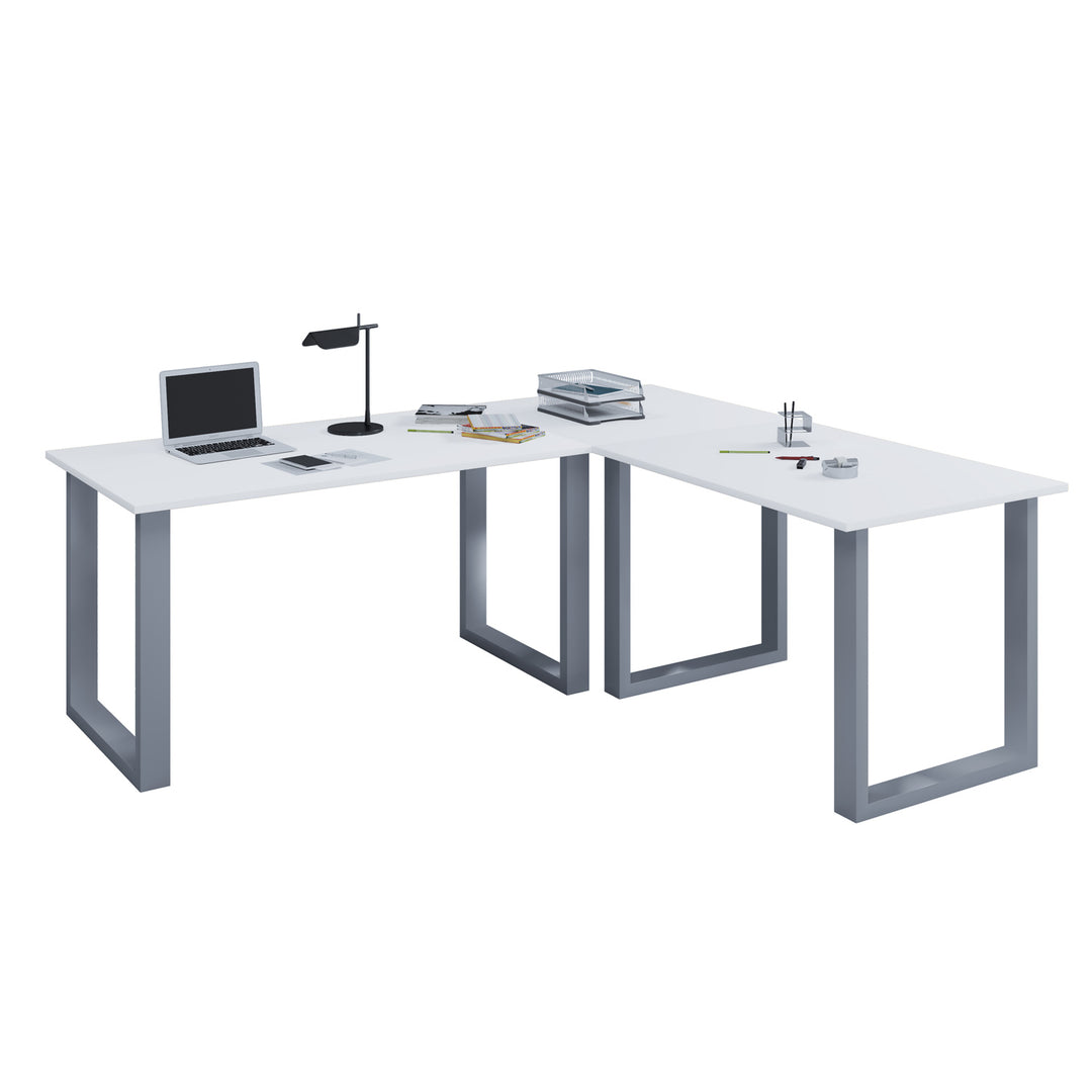Lona U-feet hjørneskrivebord hvid træ og sølvgrå metal 160x130x50