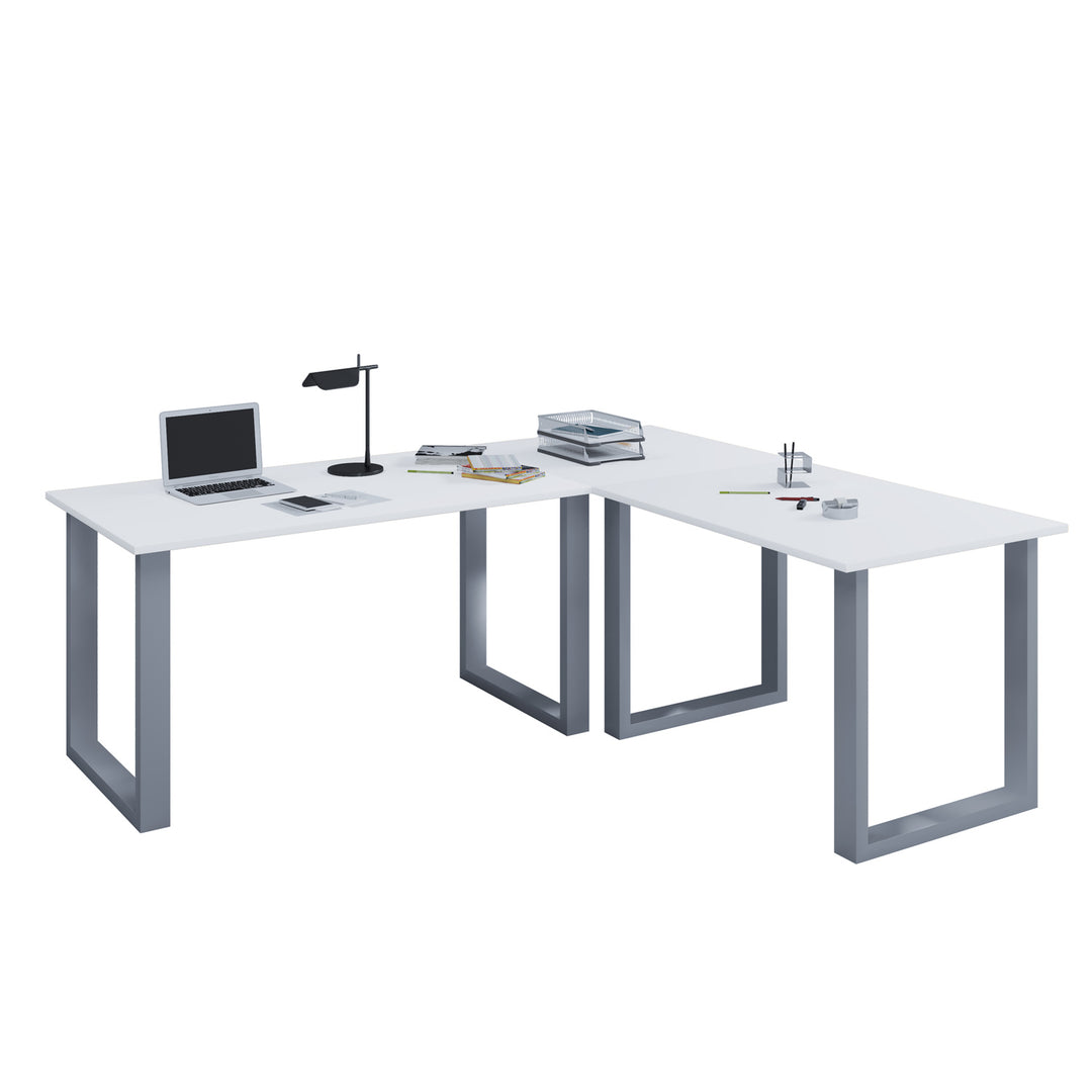 Lona U-feet hjørneskrivebord hvid træ og sølvgrå metal 190x190x50