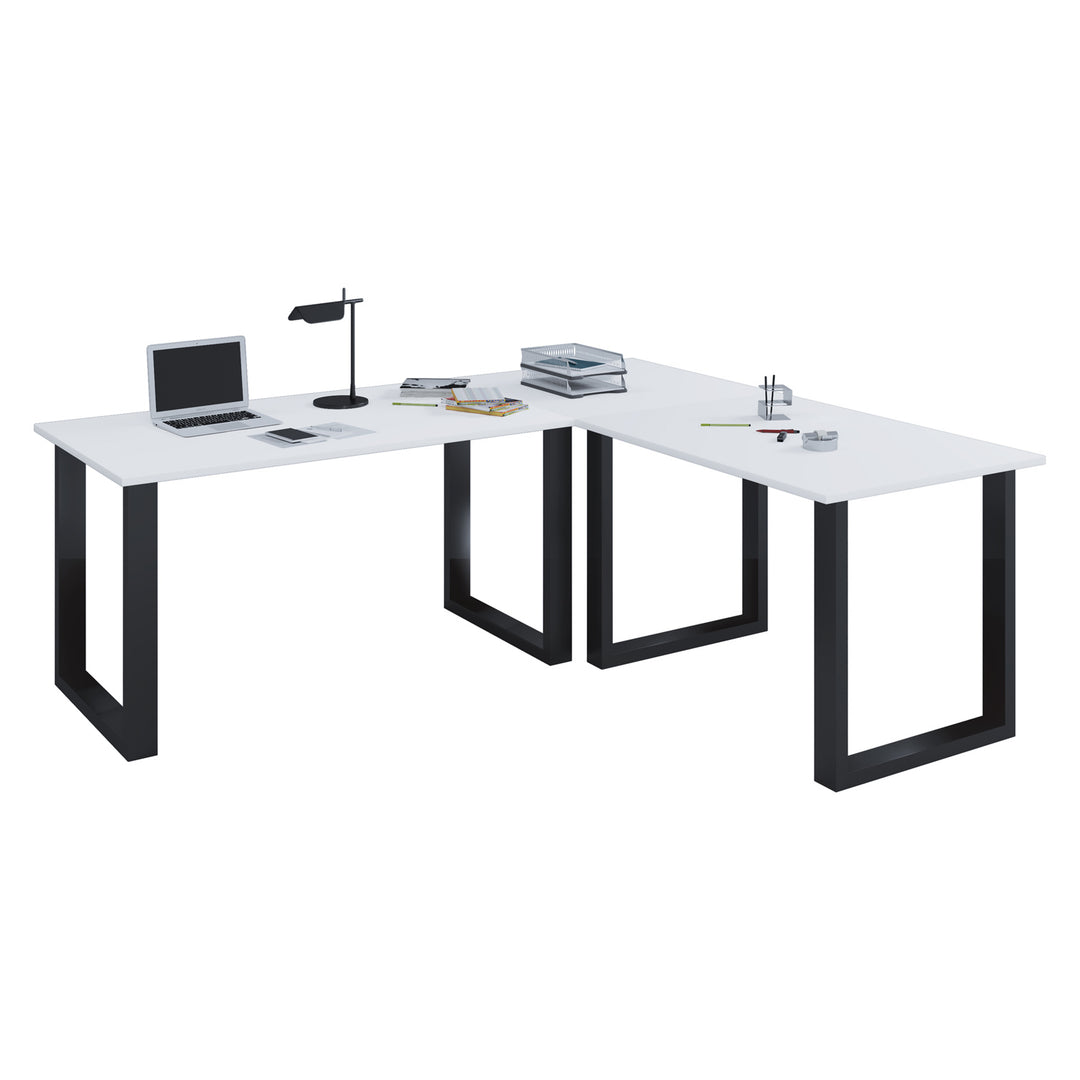 Lona U-feet hjørneskrivebord hvid træ og sort metal 160x160x50