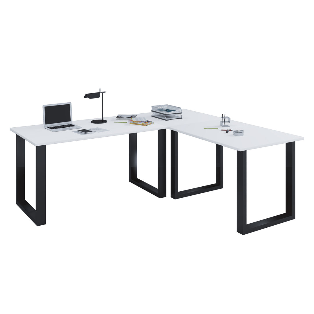 Lona U-feet hjørneskrivebord hvid træ og sort metal 190x130x50