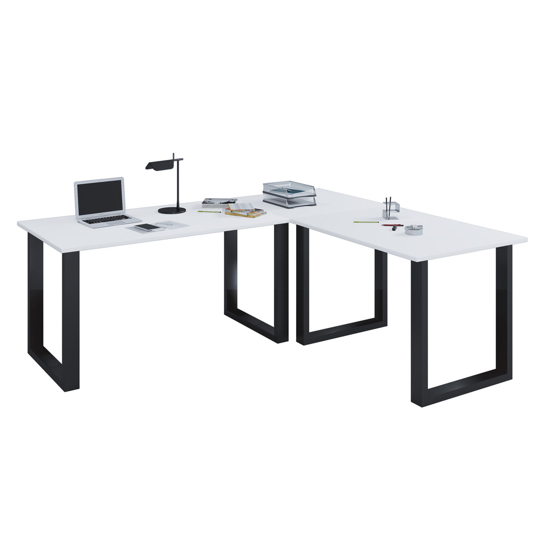 Lona U-feet hjørneskrivebord hvid træ og sort metal 190x160x50