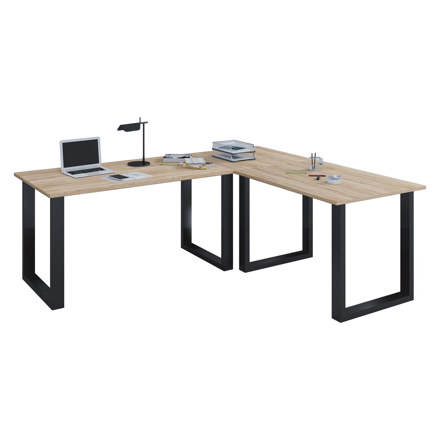Produktbillede af Lona U-feet hjørneskrivebord natur træ og sort metal 220x220x80 i premium kvalitet