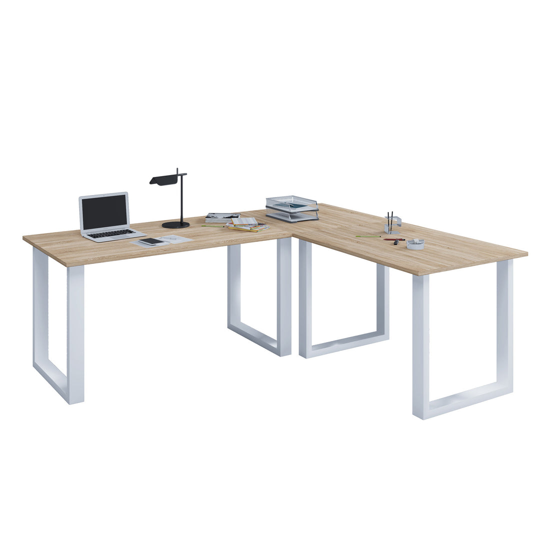 Lona U-feet hjørneskrivebord natur træ og hvid metal 160x160x80