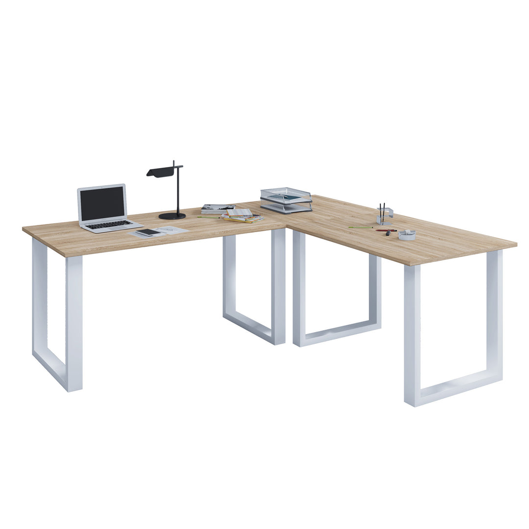 Lona U-feet hjørneskrivebord natur træ og hvid metal 220x160x80