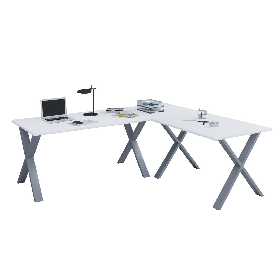 Lona X-feet hjørnebord hvid træ og sølvgrå metal 130x130x50