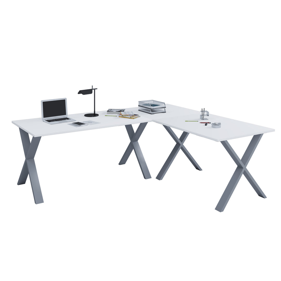 Lona X-feet hjørneskrivebord hvid træ og sølvgrå metal 160x130x50