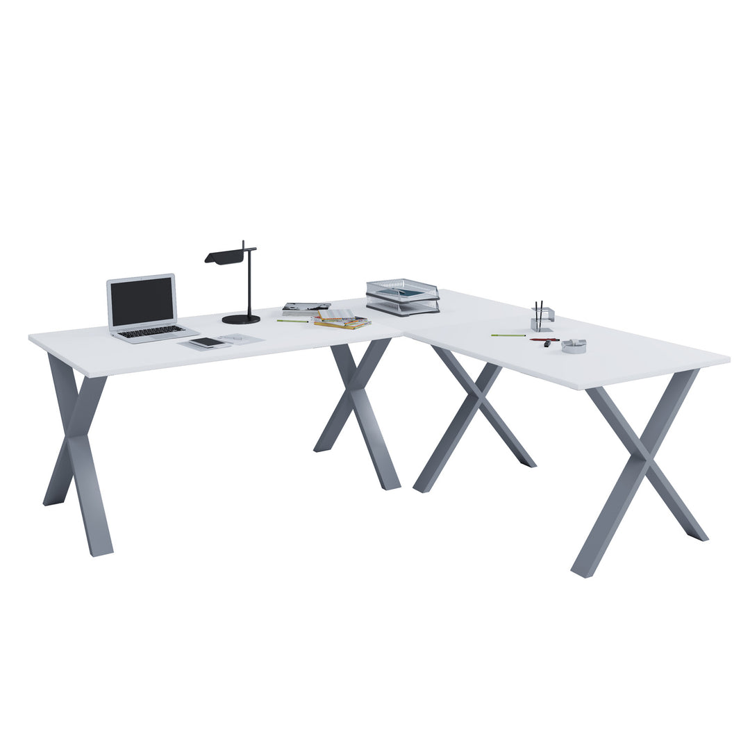 Lona X-feet hjørneskrivebord hvid træ og sølvgrå metal 160x160x50