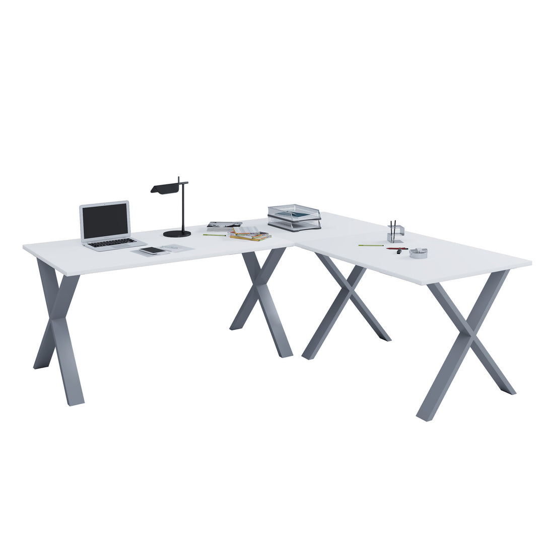 Lona X-feet hjørneskrivebord hvid træ og sølvgrå metal 190x130x50