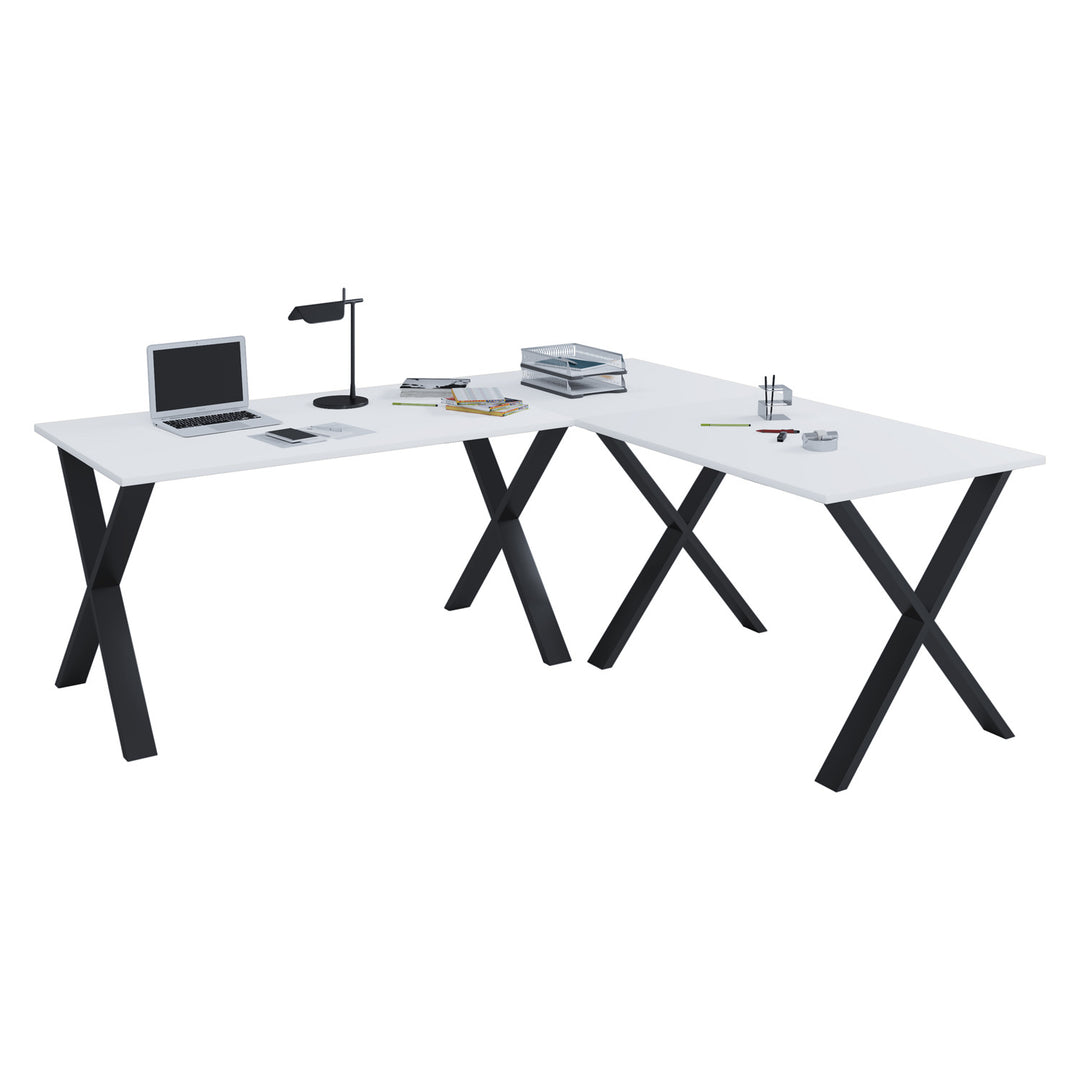 Lona X-feet skrivebord hvid træ og sort metal 160x160x50